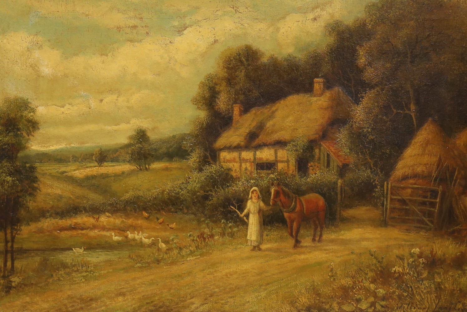 William Langley (1852-1922), oil on canvas, Woman and horse before a thatched cottage, signed, 40 x 60cm